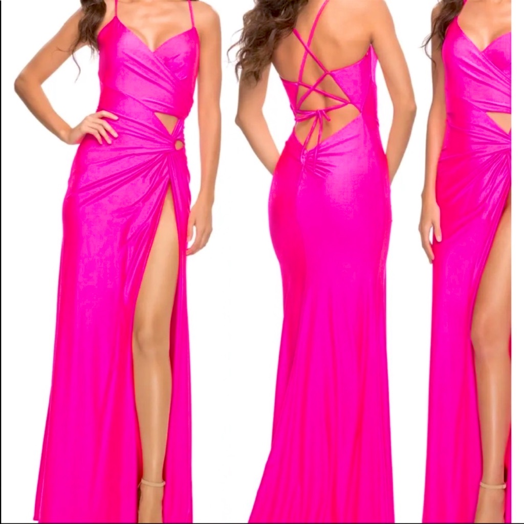 New La Femme Hot Pink Cut Out Cocktail Prom Gala Wedding Party Hi Slit Gown